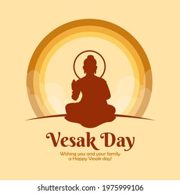 Vector illustration of Vesak Day banner with the silhouette of Buddha statue and decorative background design. Vector design with decorative Buddhist nuances. Vesak Day vector illustration