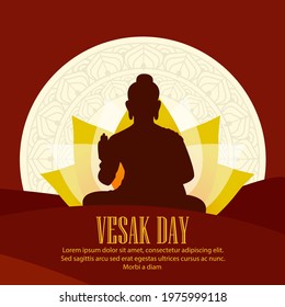 Vector illustration of Vesak Day banner with the silhouette of Buddha statue and decorative background design. Vector design with decorative Buddhist nuances. Vesak Day vector illustration