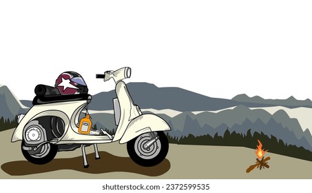 Vektorgrafik einer Vespa auf einem Hügel mit Bergblick auf dem Hintergrund