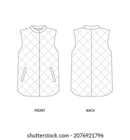 Vector illustration of a vest with stitching. Vest template design. Sleeveless technical sketch. 
