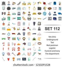 Vector illustration of vet, clinic, underground, taxi, mail postman logistic funeral ceremony fire,department icon set.