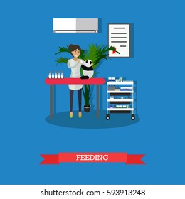Vector illustration of vet woman feeding little panda in clinic. Vet clinic services concept design element in flat style.