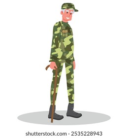 vector illustration of a veteran soldier smiling and wearing a brace, medals in camouflage uniform. white background in simple flat style.