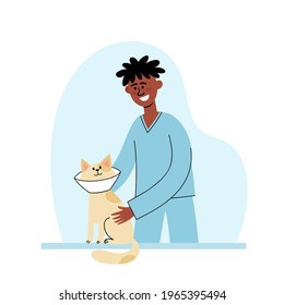 Vector illustration of veterinarian with cat in protective collar at vet appointment. Man giving kitten in flat style.