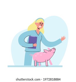 Vector illustration of veterinarian with cute piglet at vet appointment.