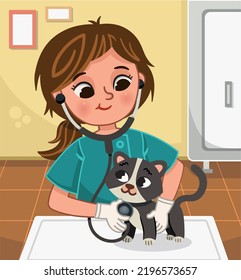 Vector illustration of veterinarian examining a cat.