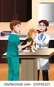 A vector illustration of a  veterinarian examining a cute dog 