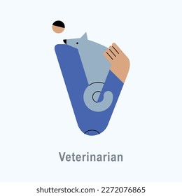 Ilustración vectorial con Veterinaria de estilo plano. Serie ABC de profesión. Alfabeto. Letra V