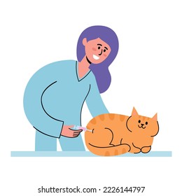 Vector illustration of veterinarian getting vaccinated to cat in protective collar at vet appointment. Woman and kitten in flat style.