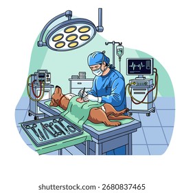 Ilustración vectorial de un veterinario operando a un perro en un quirófano con herramientas médicas, monitor y luces quirúrgicas