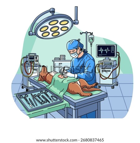 Vector illustration of a veterinarian performing surgery on a dog in an operating room with medical tools, monitor, and surgical lights