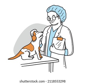 Vector Illustration Of A Veterinarian Treats A Dog. Beagle. Doctor. Pet Shop. Pets. Care. Scribble. Hand Drawing