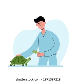 Vector illustration of veterinarian with turtle at vet appointment. Man