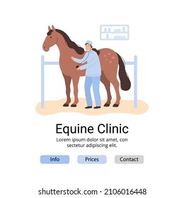 vector illustration, veterinarian woman is standing next to the horse in clinic 