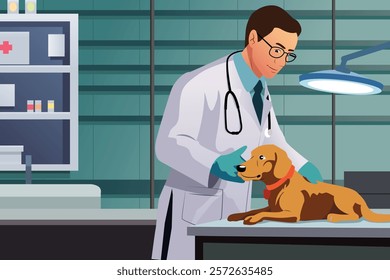 A vector illustration of Veterinarian Working at Pet Hospital