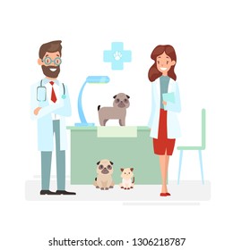 Vector illustration of veterinarians staff with cute animals. Vet and pet doctors with dogs and cat. Veterinary concept, pets care, animals and doctors in cartoon flat style.