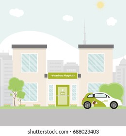 Vector illustration of veterinary clinic building with animal ambulance. Pet hospital isolated on modern city background. Flat colorful cartoon style. 