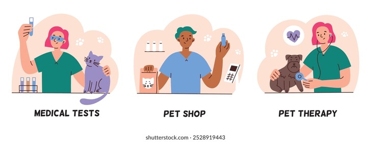 Vector illustration of veterinary clinic and and pet shop, medical test and pet therapy, domestic animals laboratory. Flat cartoon design, perfect for pet care, vet clinics, and animal healthcare