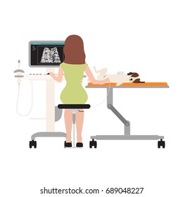 Vector illustration of veterinary doctor does ultrasound examination of the dog. The vet examining puppy in veterinary hospital. Colorful flat cartoon style. Isolated on white background.
