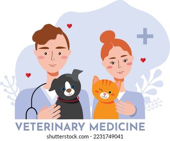 Ilustración vectorial de médicos veterinarios sujetando al gato y al perro. Atención de la salud animal y medicina, ilustración de los vectores de dibujos animados. Mascotas saludables y felices. Banner creativo, volante un post de blog para una clínica veterinaria