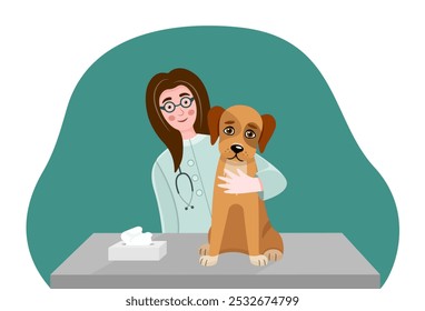 Ilustración vectorial de un examen veterinario de un perro en una mesa de clínica veterinaria. Médicos amistosos examinando a un perro. Especialistas veterinarios en una clínica de mascotas. Concepto de cuidado animal. Ilustración vectorial.