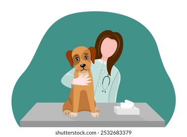 Ilustración vectorial de un examen veterinario de un perro en una mesa de clínica veterinaria. Médicos amistosos examinando a un perro. Especialistas veterinarios en una clínica de mascotas. Concepto de cuidado animal. Ilustración vectorial.