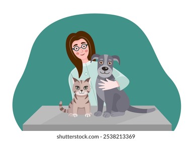 Ilustración vectorial de una exploración veterinaria de un perro y un gato en una mesa de una clínica veterinaria. Médicos amistosos examinando un perro y un gato. Veterinarios en la clínica de animales. Concepto de cuidado animal. 