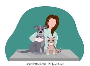 Ilustración vectorial de una exploración veterinaria de un perro y un gato en una mesa de una clínica veterinaria. Médicos amistosos examinando un perro y un gato. Veterinarios en la clínica de animales. Concepto de cuidado animal. 