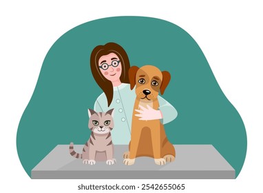 Ilustración vectorial de una exploración veterinaria de un perro y un gato en una mesa de una clínica veterinaria. Médicos amistosos examinando un perro y un gato. Veterinarios en la clínica de animales. Concepto de cuidado animal. 