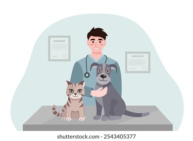 Ilustración vectorial de una exploración veterinaria de un perro y un gato en una mesa de una clínica veterinaria. Médicos amistosos examinando un perro y un gato. Veterinarios en la clínica de animales. Concepto de cuidado animal. 