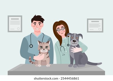 Ilustración vectorial de una exploración veterinaria de un perro y un gato en una mesa de una clínica veterinaria. Médicos amistosos examinando un perro y un gato. Veterinarios en la clínica de animales. Concepto de cuidado animal.