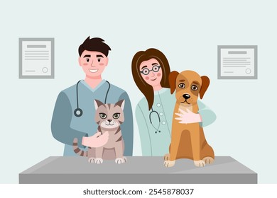 Ilustración vectorial de una exploración veterinaria de un perro y un gato en una mesa de una clínica veterinaria. Médicos amistosos examinando un perro y un gato. Veterinarios en la clínica de animales. Concepto de cuidado animal.