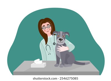 Ilustración vectorial de un examen veterinario de un perro en una mesa de clínica veterinaria. Médicos amistosos examinando a un perro. Veterinarios en la clínica de animales. Concepto de cuidado animal. 