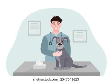 Ilustración vectorial de un examen veterinario de un perro en una mesa de clínica veterinaria. Médicos amistosos examinando a un perro. Veterinarios en la clínica de animales. Concepto de cuidado animal. 