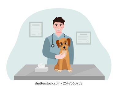 Ilustración vectorial de un examen veterinario de un perro en una mesa de clínica veterinaria. Médicos amistosos examinando a un perro. Veterinarios en la clínica de animales. Concepto de cuidado animal. 