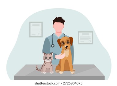 Ilustración vectorial de una exploración veterinaria de un perro y un gato en una mesa de una clínica veterinaria. Un médico amistoso examina a un perro y un gato. Veterinario en una clínica veterinaria. Concepto de cuidado animal.
