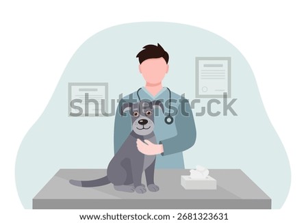 Vector illustration of a veterinary examination of a dog on a veterinary clinic table. A friendly doctor examines a dog. Veterinary clinic. Animal care concept.