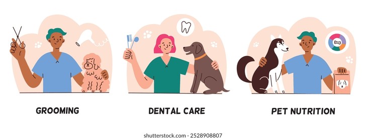 Vector illustration of veterinary and grooming services, dental care for pets, domestic animals nutrition. Flat cartoon design, perfect for pet care, vet clinics, and animal healthcare related themes