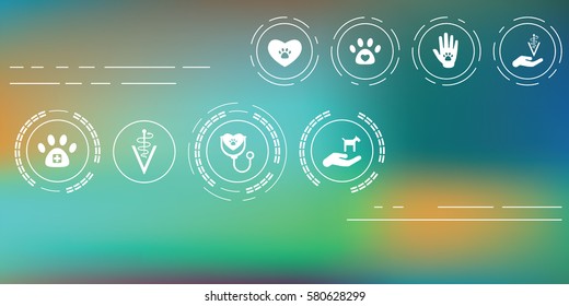 Vector Illustration Of Veterinary Icons For Pet Service And Care Concepts On Abstract Blurry Background