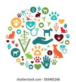 vector illustration of veterinary icons for pet service and care in circle shape design