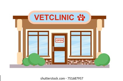 Vector illustration of veterinary medicine hospital, clinic or pet shop for animals in flat style.