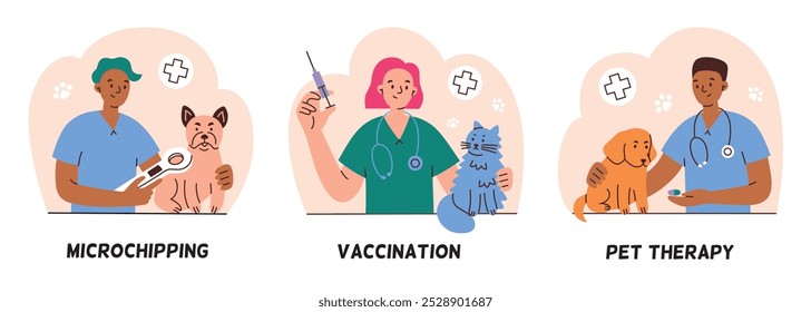 Vektorgrafik der Veterinärdienste, Mikrochipping, Impfung und Tiertherapie mit Tierärzten und Tieren. Flaches Cartoon-Design, perfekt für Tierpflege, Tierkliniken und Tiermedizin