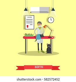 Vector illustration of veterinary surgeon assisting in kitten birth. Vet clinic services concept design element in flat style.