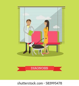 Vector illustration of veterinary surgeon talking to woman about diagnosis after medical inspection of her pet dog. Vet clinic services concept design element in flat style.