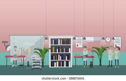 Vector illustration of veterinary surgeons performing a surgical operation on cat, assisting in kitten birth. Vet clinic services, surgery concept design element in flat style.