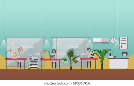 Vector illustration of vets man and woman inspecting domestic animals dog, cat and bunny. Vet clinic services, medical inspection concept design element in flat style.