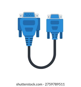 A vector illustration of a VGA cable with two blue connectors on a white background, suitable for use in technology, computing, and electronics marketing materials.