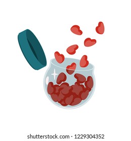 vector illustration of vial with flying out hearts isolated on white background. love pills