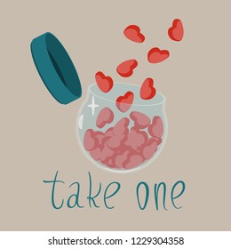 vector illustration of vial with flying out hearts. love in pills 
