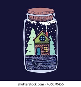 Vector illustration with vial. Little tiny house, spruces, snow. 